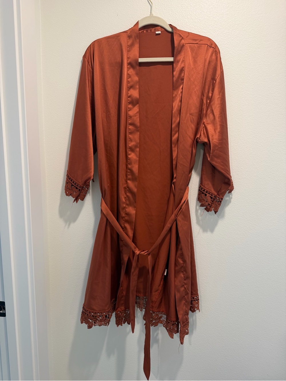 Satin Lace-Trim Robe in Rust